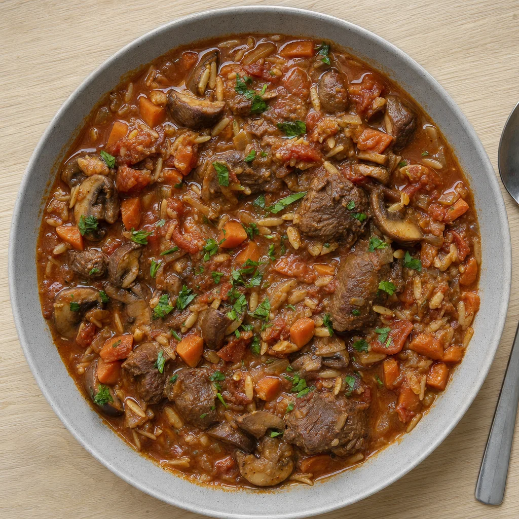Slow Cooker Beef Shin, Mushroom and Tomato Orzo recipe photograph