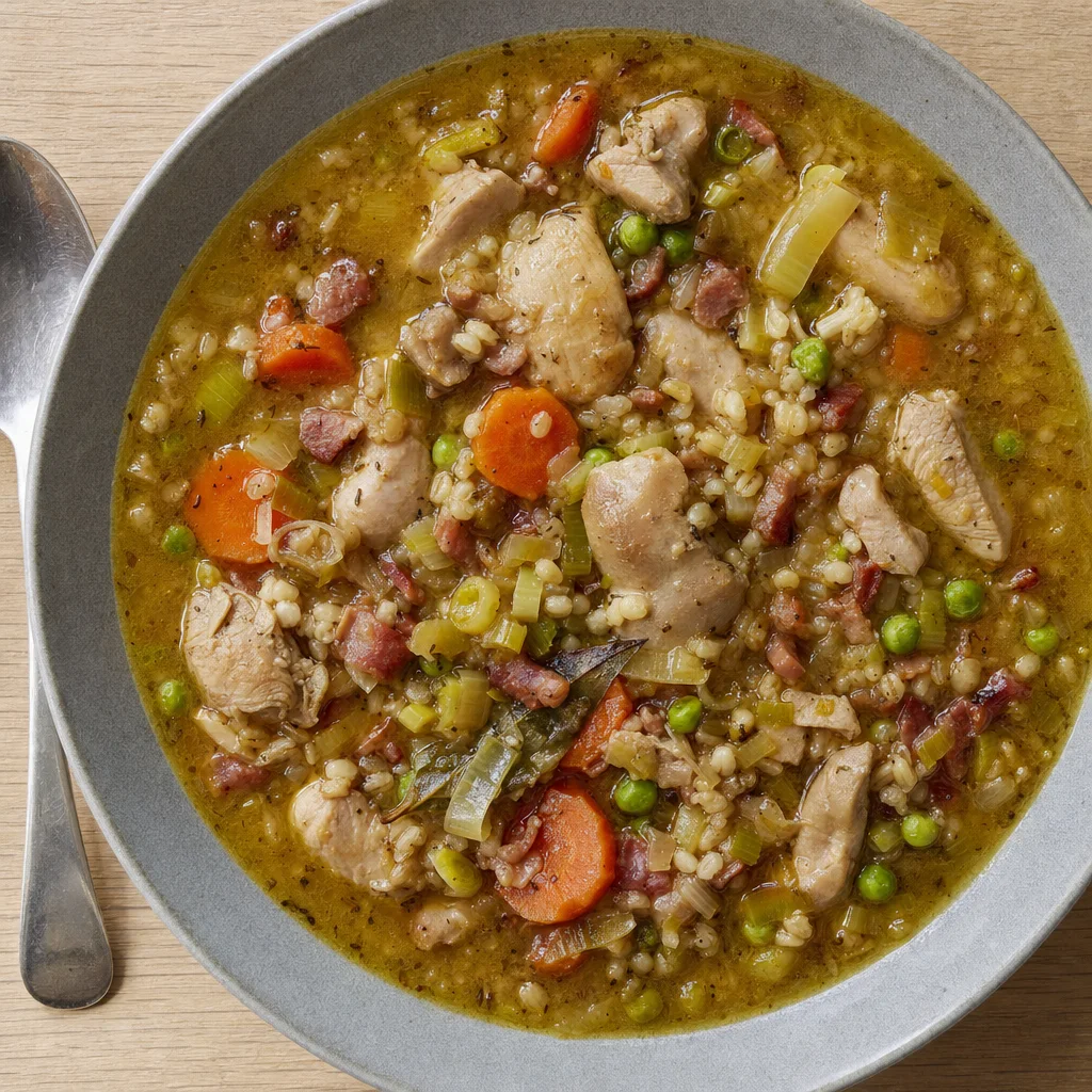 Slow Cooker Chicken, Bacon and Pearl Barley Broth recipe photograph