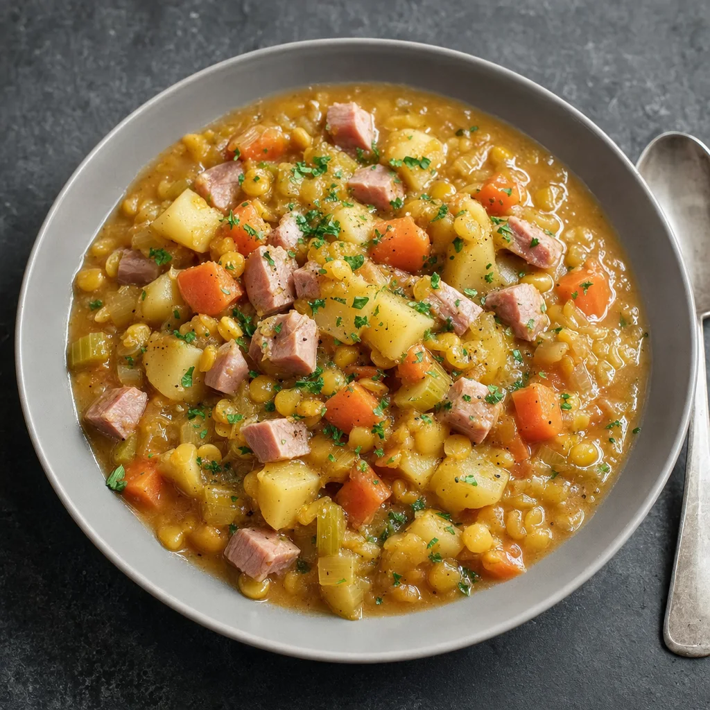 Slow Cooker Smoky Ham, Yellow Split Pea and Vegetable Pot recipe photograph