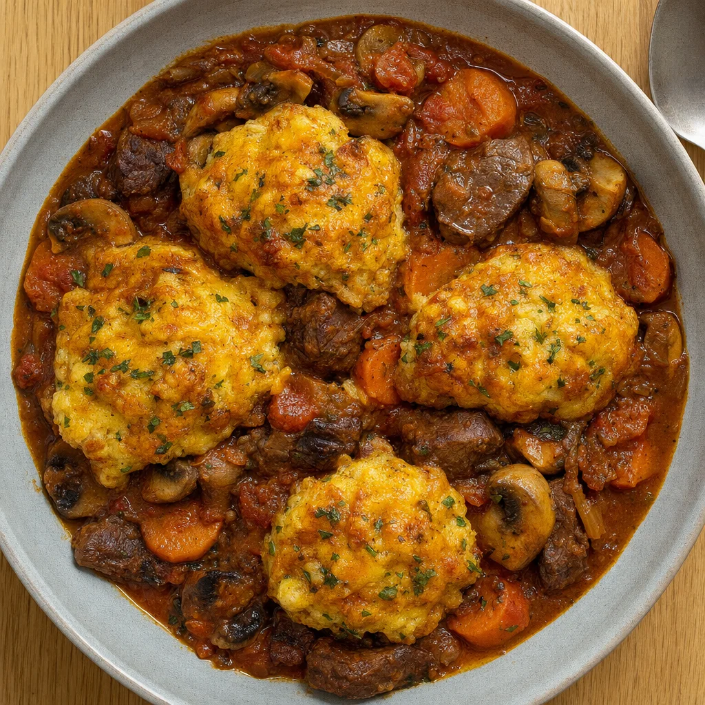 Slow Cooker Beef Shin, Mushroom and Tomato Cobbler recipe photograph