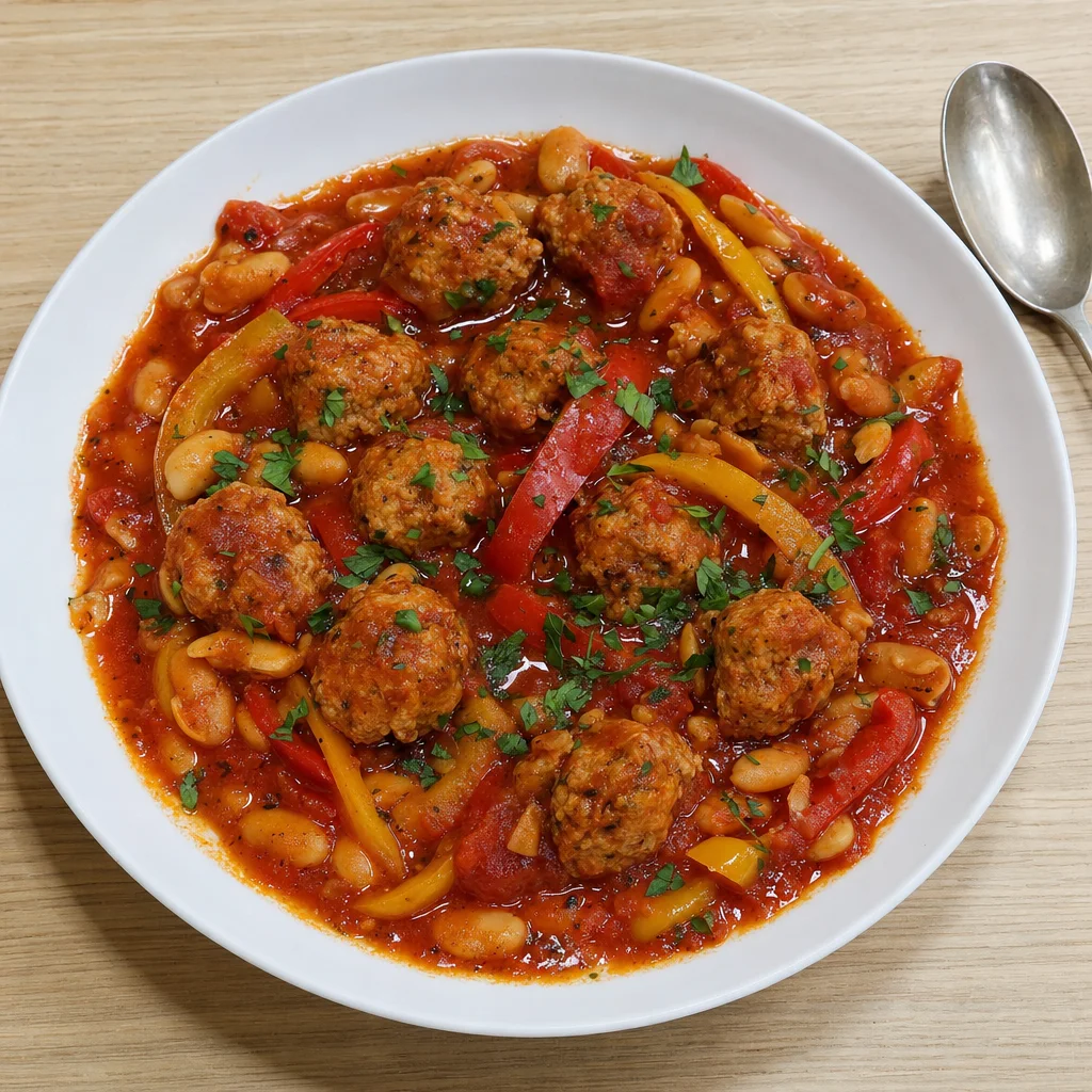Slow Cooker Turkey Meatball, Pepper and Butter Bean Tomato Pot recipe photograph