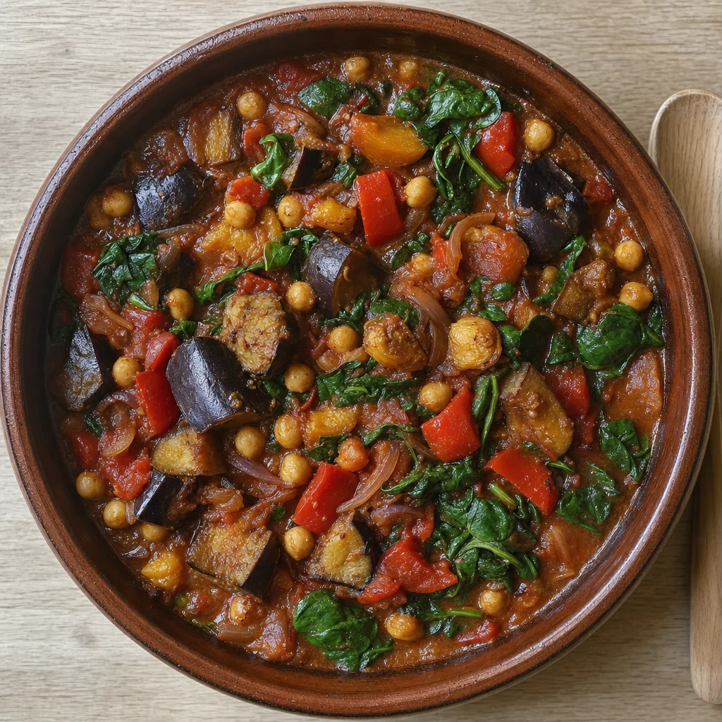 Slow Cooker Aubergine, Chickpea and Spinach Tomato Tagine recipe photograph