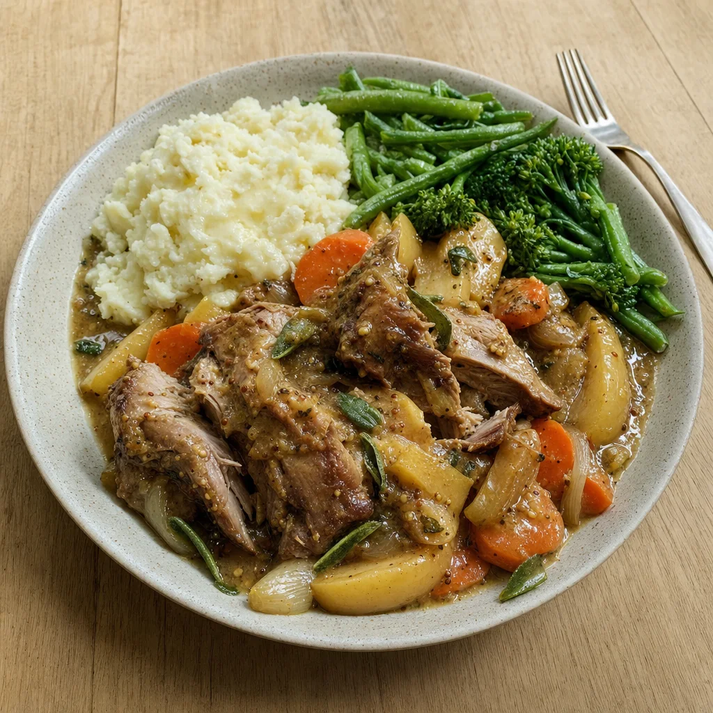 Slow Cooker Pork Shoulder with Apple, Sage and Mustard Gravy recipe photograph