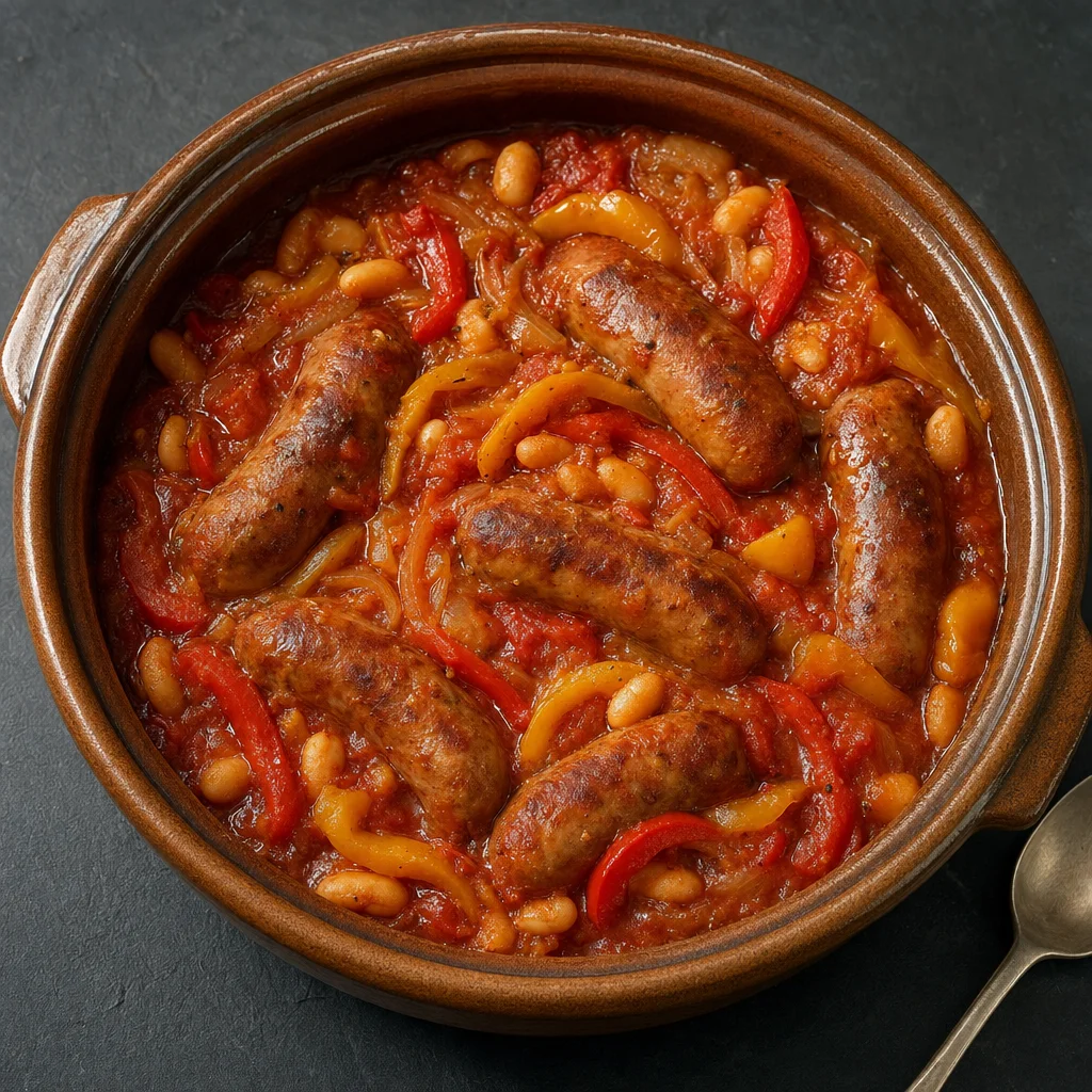 Slow Cooker Smoky Paprika Sausages with Cannellini Beans and Peppers recipe photograph