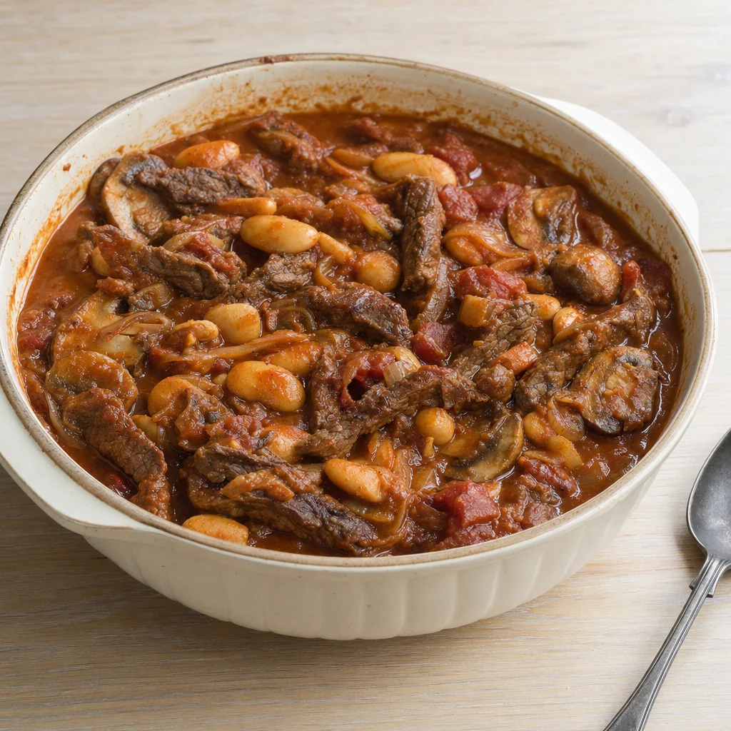 Slow Cooker Paprika Beef, Mushroom and Butter Bean Pot recipe photograph