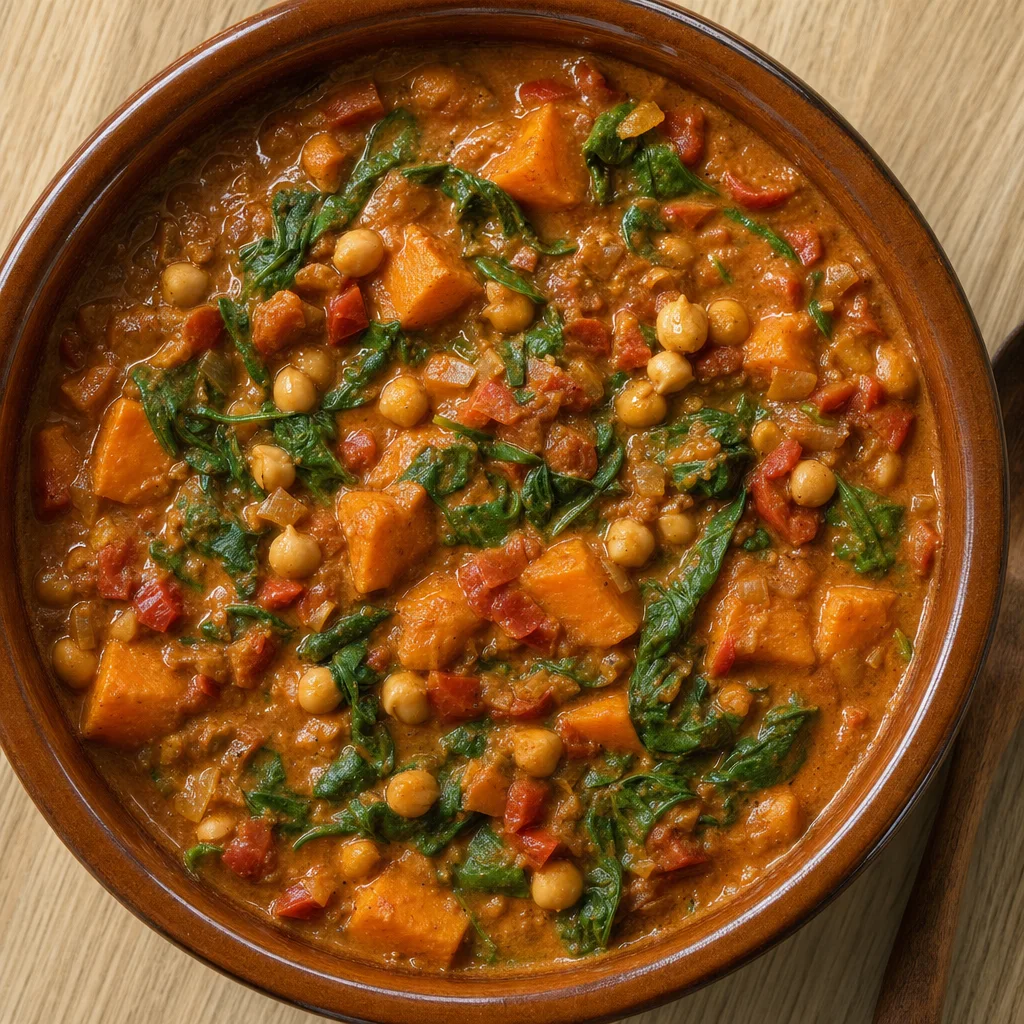 Slow Cooker Peanut-Tomato Chickpea Curry with Spinach recipe photograph