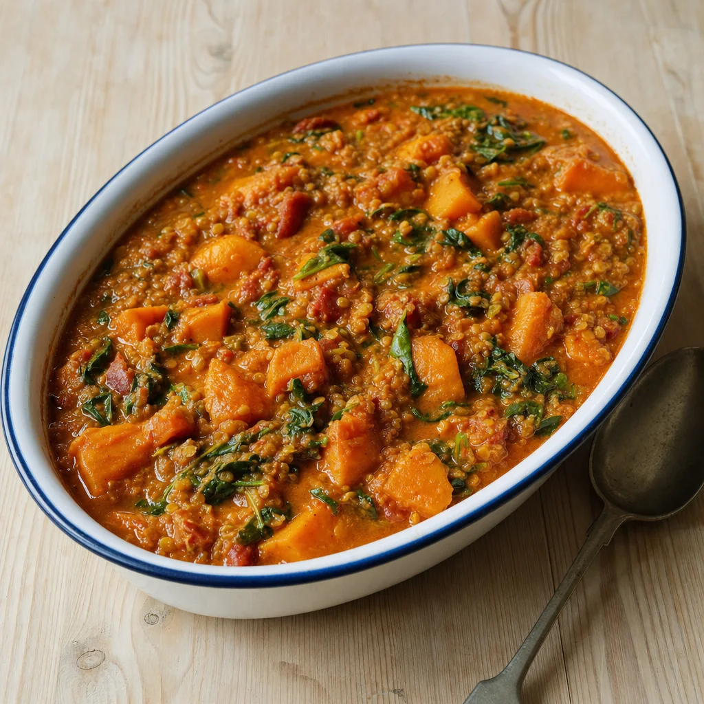 Slow Cooker Sweet Potato, Red Lentil and Coconut Tomato Dhal recipe photograph